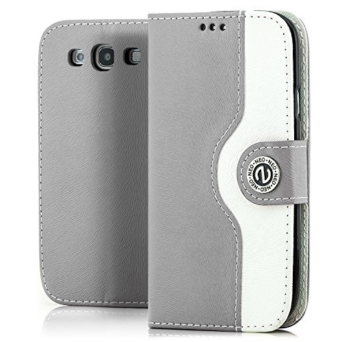 Saxonia Funda Samsung Galaxy S3 Cubierta Carcasa Protectora Elegante con Ranura para Tarjeta Billetera | Gris-Blanco