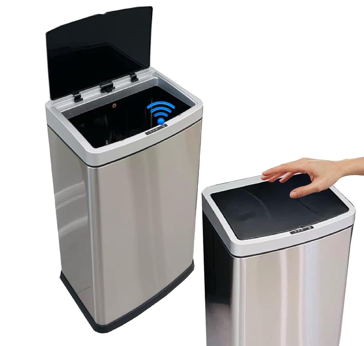 Eco Care 60L Automatic Touchless Motion Sensor Bin with Black Top, Stainless Steel Smart Trash Can, Kitchen dustbin, waste Garbage bins for Kitchen, Silver