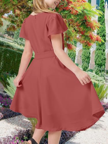 Girls Summer Ruffled Sleeveless Dresses Crew Neck Belt Formal Fit Knee High A Line Party Wedding Midi Dress4