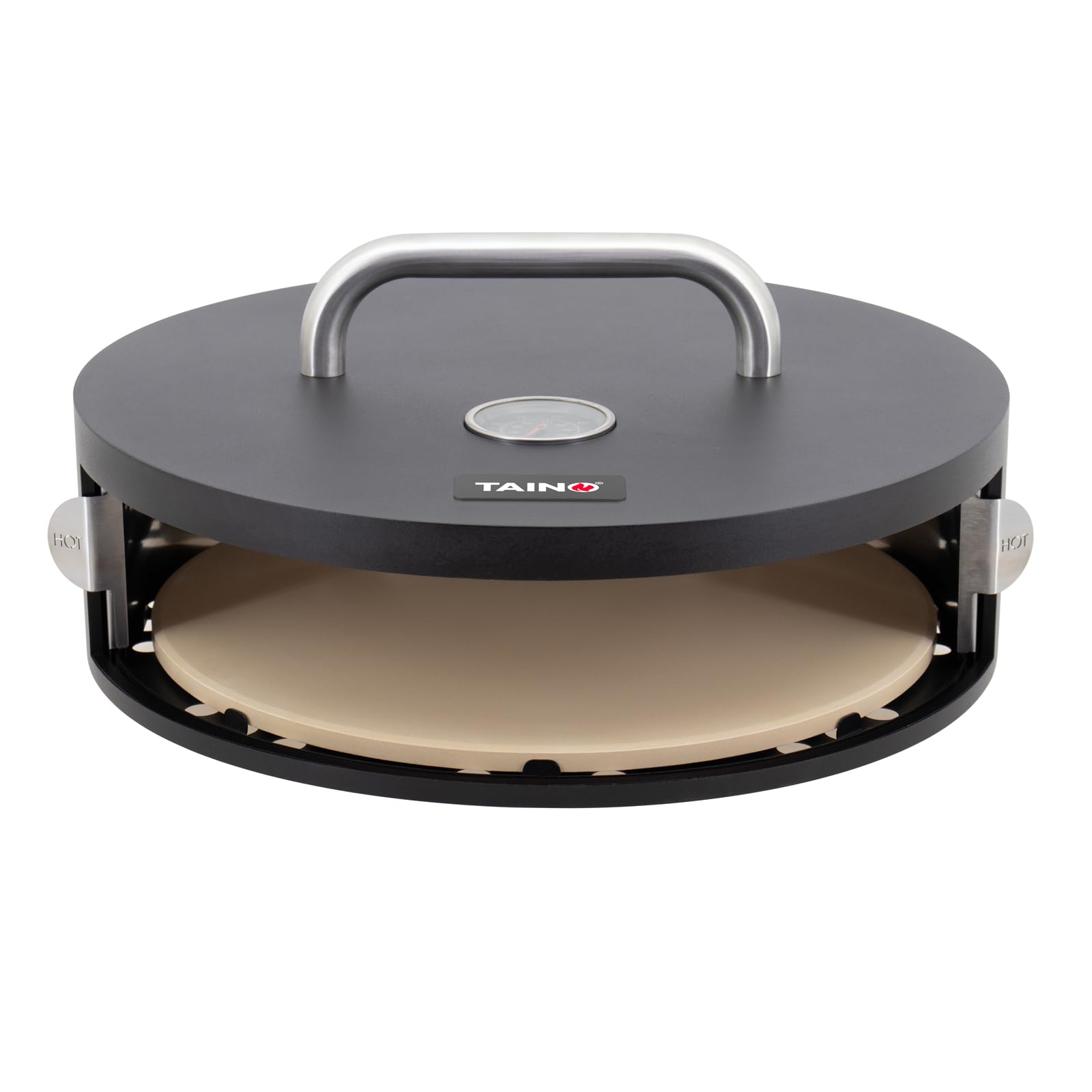 TAINO Pizzabox Pizzaaufsatz Pizzastein mit Deckel Tür rund Grill Zubehör für Gasgrill Schwarz