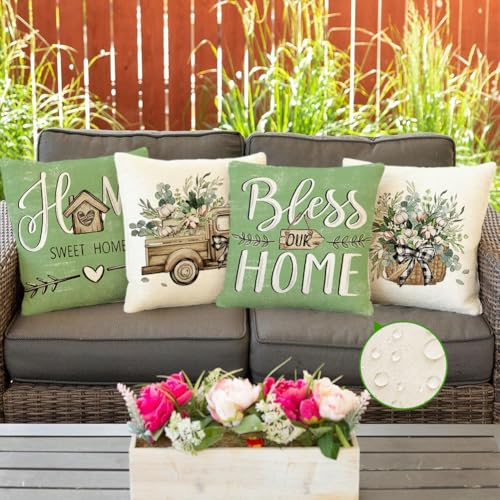 RABUSOFA Farmhouse Pillow Covers 20x20 Inch Outdoor Indoor Waterproof Truck Eucalyptus Home Sweet Home Decorative Throw Cases for Patio Couch Set of 4 Green by RABUSOFA - Used condition - Image 2