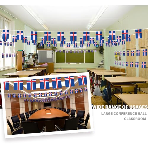 Image of Iceland String Flag Pennant Banner, Small Mini Icelandic Flags Bunting Banner, National Country Decoration for School, Party, Sports Events, Patriotic Festival, 33 Feet 30 Flags