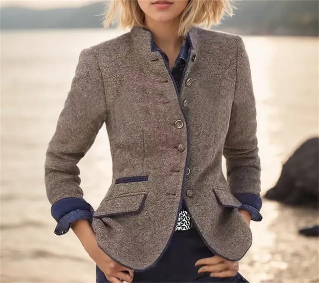 Women's Vintage Single-Breasted Tweed Blazer Jacket Elegant Long Sleeve Stand Collar Fitted Business Jacket Coat2