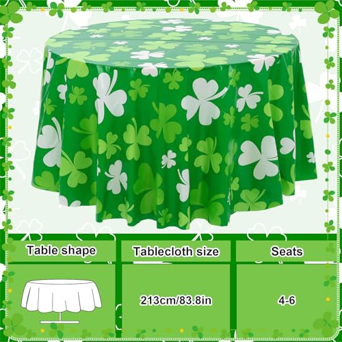 Image of Hahafelt 3 Pcs St Patricks Day Plastic Round Tablecloth 84 Inch Green Shamrock Disposable Table Cover Irish Lucky Clover Circular Table Cloth for St Patricks Day Picnic Birthday Party Decoration