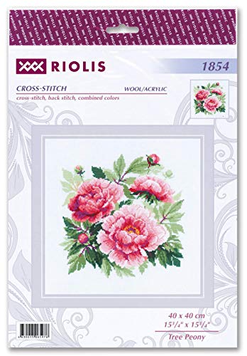 Image of RIOLIS - Tree Peony 1854, Floral Cross Stitch Kits 15,75 inch x15,75, Cross Stitch Kits for Beginners & Advanced, Crossstitching Kits Adult, Counted Stitching Kits, Flowers Embroidery Kit