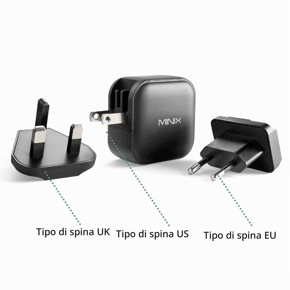 MINIX NEO P1 Caricabatterie da parete con 3 porte USB: 2 x USB-C 3.0 (massimo 65 W), 1 x USB-A Quick Charge 3.0 (massimo 36 W), adattatore incluso: spina UE/UK/USA