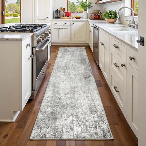 Washable Area Rugs 2'x6' Non-Slip Modern Abstract Soft for Living Room Entryway Bedroom Nursery, Print Pattern, Gray White Grey