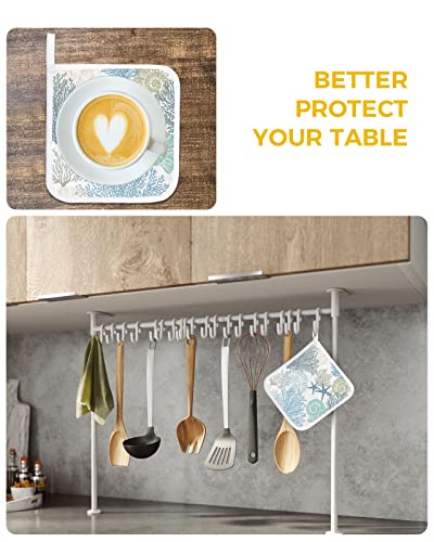 Blue Teal Coral Pot Holders For Kitchen Heat Insulation, Summer Beach Starfish Coastal Modern Geometric Potholders Hot Pads With Hanging Loop, Washable Oven Mitts Pot Holder Trivet For Cooking 5 Pack #TOP5