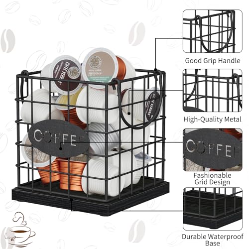 Image of YINMIT K Cup Holder Organizer, Sturdy Coffee Pod Holder Organizer, 35 Kcup Large Capacity Storage Basket for Kitchen Counter and Office Desktop (Black-Square with Handle)