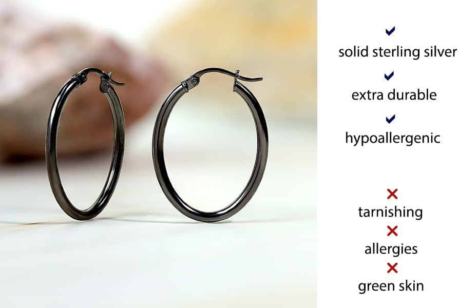 Hoops & Loops 925 Sterling Silver 2mm Oval Click-Top Hoop Earrings for Women, Men 15mm 20mm 25mm 30mm 35mm 40mm, Hypoallergenic Silver, 14k Yellow Gold, Rose Gold Flash Plate, Black - Image 3