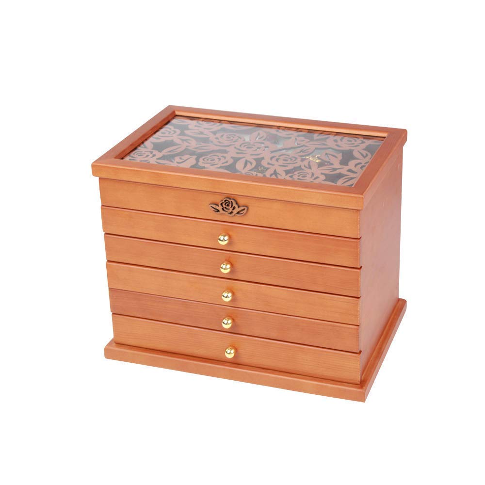 XBTGS Luxuriöse Holz-Schmuckschatulle für Uhren, Ringe, Armbänder, Halsketten, Manschettenknöpfe, Schmuckschrank mit 6 Ebenen, 5 Schubladen, Unisex-Geschenk-Box, groß, transparent, Showca,