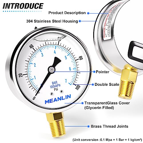 meanlin measure 0100psi stainless steel 1434 npt 2534 face dial liquid filled pressure gauge wog water oil air lower mount with 1234 npt and 3834 npt hex bushing