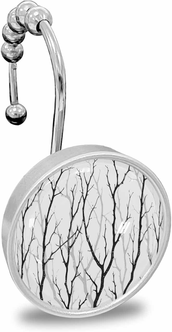 Shower Curtain Hooks 12 Pcs, Plant Black Branch Silhouette Impressionism Illustration Stainless Steel Rust Proof Rolling Shower Curtain Rings, Decorative Shower Curtain Hooks Hangers for Bathroom