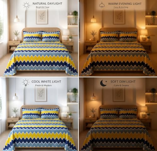 Image of HOMEKART Glace Cotton 160 TC Multi Printed Double Bedsheet with 2 King Size Pillow Covers | Soft & Durable | 86 x 88Inches (Yellow & Grey)