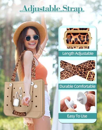 Image of Bag Strap Crossbody Charms for Bogg Bag Accessories - Shoulder Strap Neoprene Luggage Handle Wrap for Suitcase & 2 Key Holders Brown Leopard