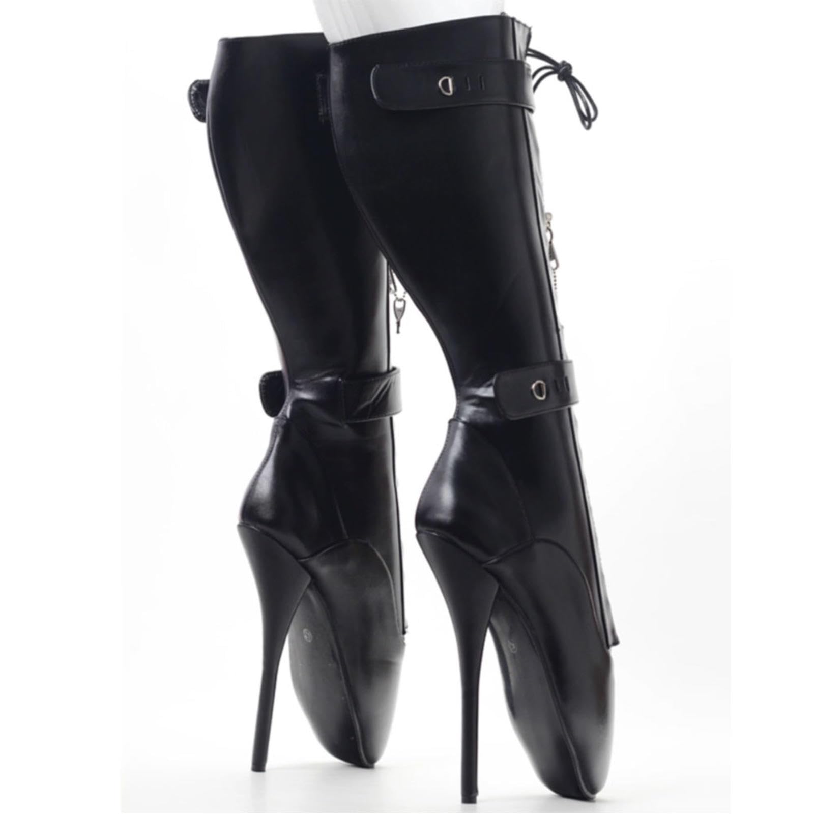 Talons Hauts 18 Cm Chaussures de Ballet Brevet en Cuir de Cuir Moyen de Veau avec Serrures,Black-42