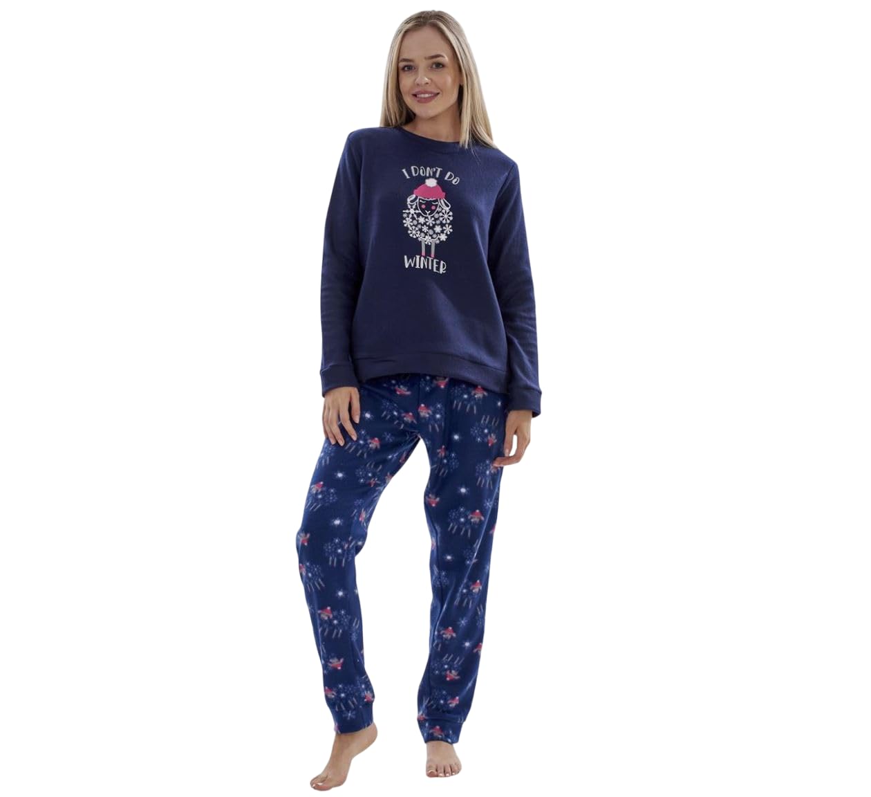 Chicwhisper Women's Navy- Winter Fleece Pyjamas Printed Winter Warm Pj's Nightwear
