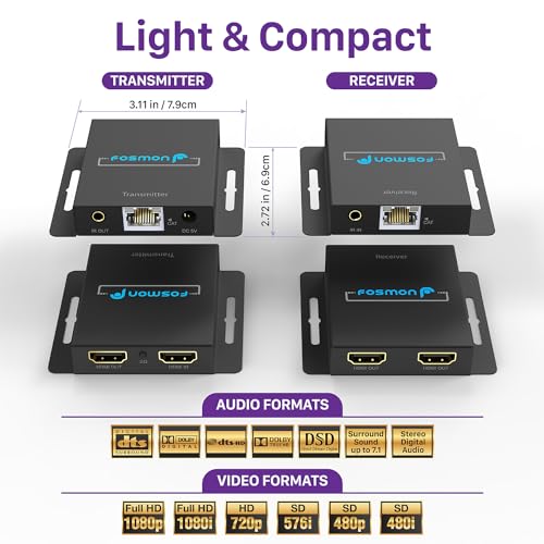 Fosmon Extensor HDMI sobre Ethernet por cabo Cat5/6/7 até 164-230 pés/50-70 m, divisor extensor HDMI