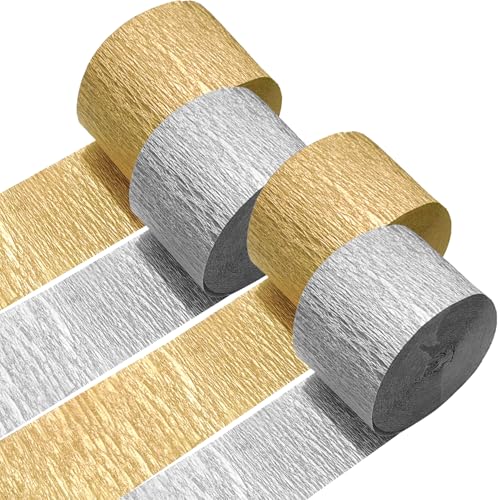 Image of 4 Crepe Paper Streamers Rolls, 328ft Pack of Silver and Gold Crepe Paper for Graduation Christmas New Year Wedding Baby Shower Birthday Party Decorations (1.8 inch x 82 ft /Roll)