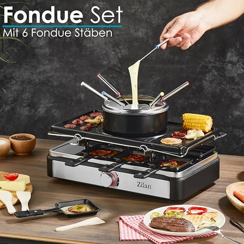 Raclette Grill mit Fondue Set | 8-Personen Tischgrill | Elektro Raclettegrill mit Massiver Naturstein- und beschichteter Grillplatte | Heizelement aus Edelstahl – Bild 2