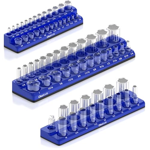 Olsa Tools Magnetic Socket Organizer | 3 Piece Socket Holder Kit | 1/2-Inch, 3/8-Inch, & 1/4-Inch Drive | SAE Blue | Holds 68 Sockets | Professional Quality Tools Organizer