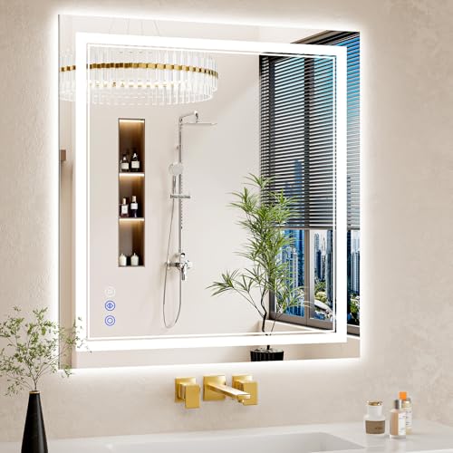WISSMIELS 30'x32' LED Bathroom Mirror with Lights, Anti-Fog, Backlit + Front Lit, Dimmable, Led...