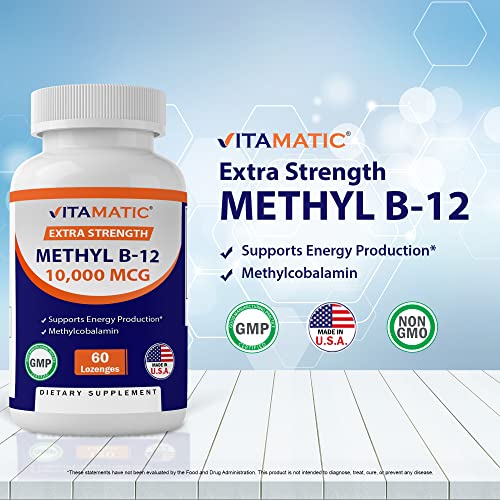 Vitamatic Methyl B12 (Methylcobalamin) 10,000 mcg – 60 Lozenges – Superior Source of Vitamin B12 for Energy & Nerve Health