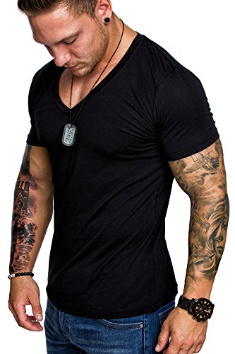 Amaci&Sons Oversize Herren Slim-Fit V-Neck Basic T-Shirt V-Ausschnitt 1-0006 Schwarz M