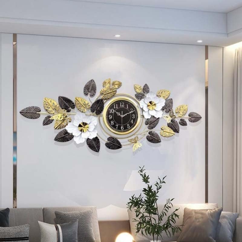 Grande horloge murale en fer forgé Ginkgo, artisanat d'art élégant et intemporel pour votre salon