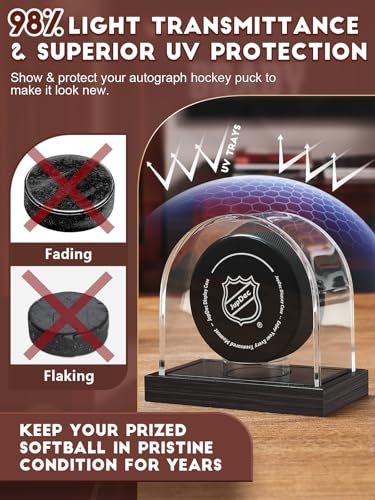 Image of Hockey Puck and Collectibles Display Case, Premium Acrylic Clear Box Puck Holder with Mahogany Wood Base, Showcase for Autographed Souvenir Memorabilia, Collectible Figure Stand, Black