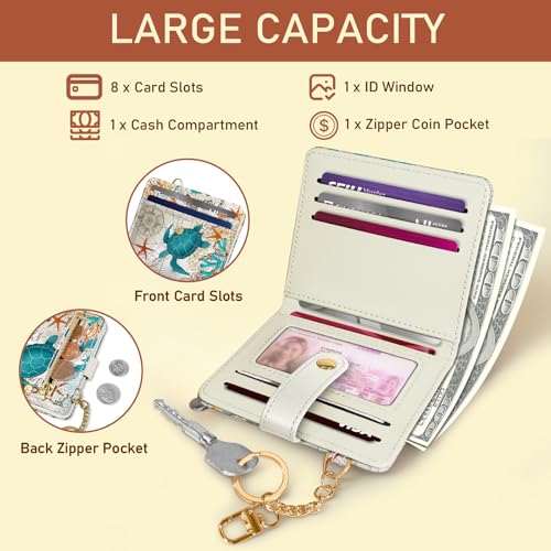 Image of Jogjam Rfid Women Wallet, Small Slim Thin Credit Card Wallet, PU Leather Bifold Cash Wallet, Zipper Coin Pocket & ID Window, Female Ladies Teen Girls Girly Gifts, Sea Turtle, Modern