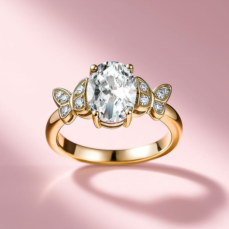 10K 14K 18K Gold Butterfly Gemstone Ring for Women with Moissanites/Diamonds 2 Carat Oval Birthstone Anniversary Statement Rings Size 3-16