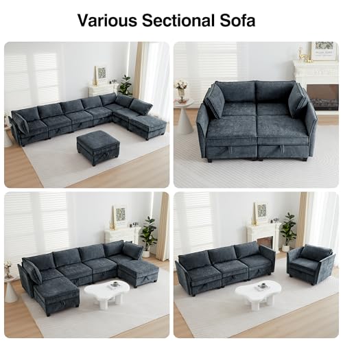 Image of ORRD Sleeper Modular Sectional Sofa Set, Convertible Couch Bed with Storage, 6 Seater and 3 Armrestes Sofa Modular for Living Room, Office (Blue Grey)