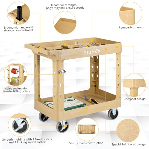 Image of ELAFROS 2-Tier Heavy Duty Rolling Cart, 34 x 17 in, 2 Fixed 2 Swivel, Sand