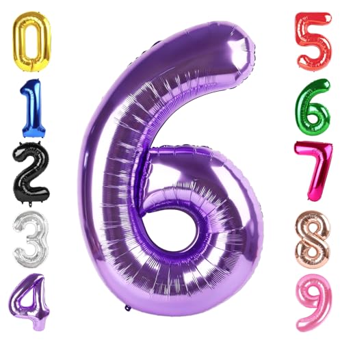 Image of 40 Inch Purple Number 6 Balloon Birthday Party Decorations for Men & Women | 40 Inch Purple inflatable foil number balloons, large birthday decorations for 6th birthday