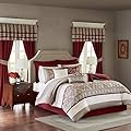 Madison Park Essentials Jelena Room in A Bag Faux Silk Comforter Classic Luxe All Season Down Alternative Bed Set with Bedskirt, Matching Curtains, Decorative Pillows, Queen, Red