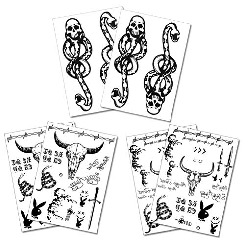 4pcs Post Malone Temporary Tattoo and 2pcs Large Death Eaters Dark Mark Skull Temporary Tattoo for Costume Parties and Halloween
