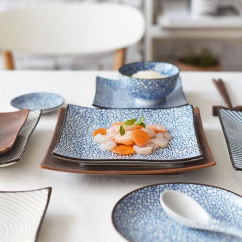 Assiettes plates japonaises carrées en céramique - Bleu et blanc - Assiettes à dîner empilables