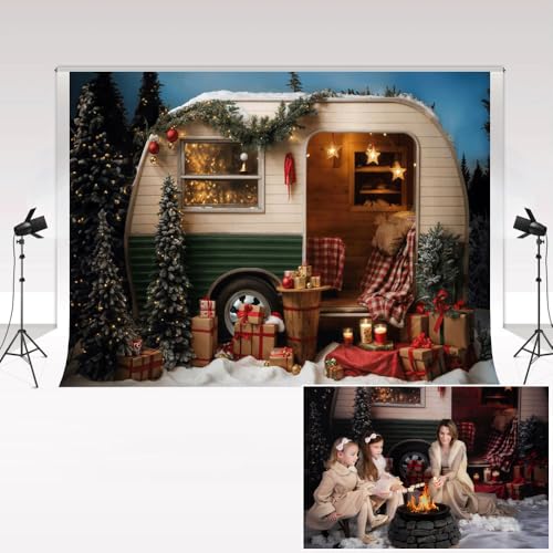 Kate Photographie Toiles de Fond 2,2x1,5m/7x5ft Noël Neige Nuit Forêt Arbre de Noël Camping Voiture Toile de Fond Enfants Portrait de Famille décor Fond Photo Studio