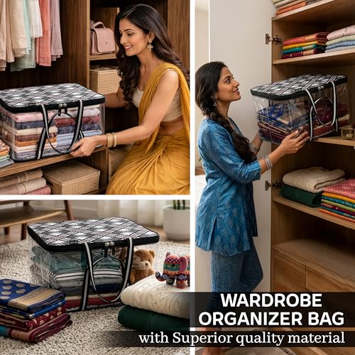 Image of Storite Saree Bags, Transparent with Zip, 37x35x22 cm, Grey /Black | Moisture & Dust Proof, Wardrobe Organizer, Saree Covers For Storage