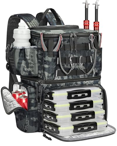 MATEIN Angelrucksack mit Boxen und Rutenhalter, Wasserdichter Angel Rucksack Herren mit Kompass und Isoliertes Kühlfach, Angelrucksack mit 4 Köderbox Angeln für Angeln Camping, Geschenke für Angler