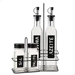 Conjunto de Galheteiro com Suporte, Vidro e Inox, 4 Peças, Azeite, Vinagre, Sal e Paliteiro com Dosador