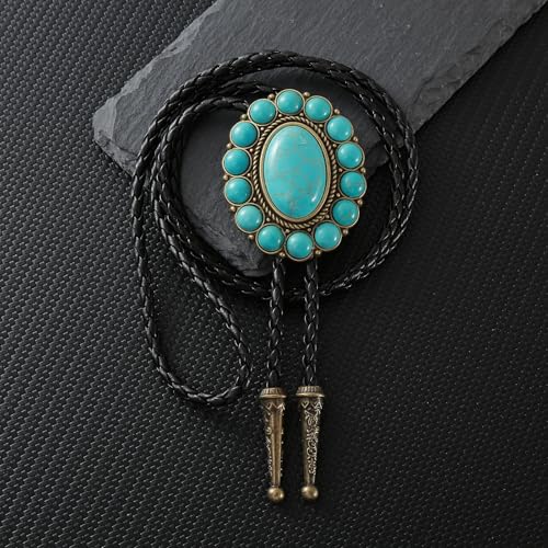 Image of GelConnie Bolo Tie for Men Women Western Cowboy Turquoise Leather Necktie | Natural Stone Bolo Tie Necklace for Women Rodeo Cowboy Leather Necktie Native American Western Cowgirl Ties Adjustable Cord