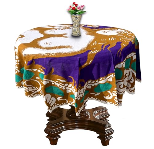 Image of RHF Royal Home and Fashion Dining Round Tablecloth 100% Cotton Multicolor Floral Bird Printed 4-6 Seater Round Table Cover with White Fringed Lace Border 75 inch (Yellow Blue Multi)