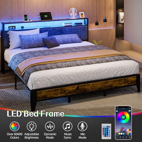 Image of OLEVS King Bed Frame with Headboard, Metal Platform Bed King Size with 2-Tier Storage, LED Light & Charging Station Type C, No Box Spring Needed, Easy Assembly