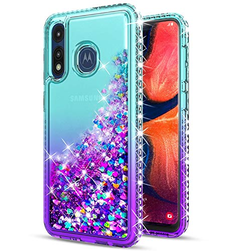 STARSHOP Compatible with Moto E Phone Case, with [Tempered Glass Protector Included] Liquid Floating Glitter Quicksand Bling with Spot Diamond Cover for Motorola Moto E 2020- Aqua/Purple