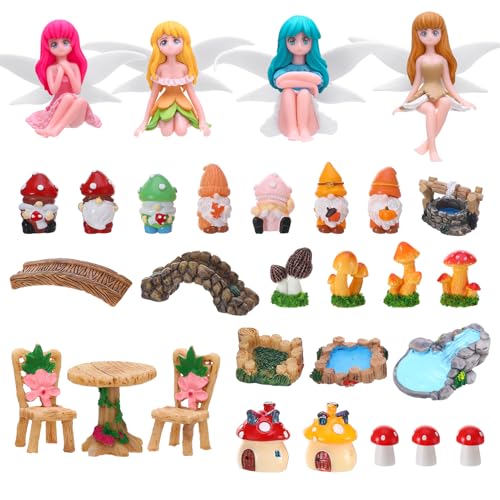 29Pcs Fairy Garden Accessories Miniature Garden Ornaments Landscape Decorations Mini Fairy Figures Gnome Figure Animal Plant Furniture Set for DIY Terrarium Potted Plants Dollhouse Desk Decor