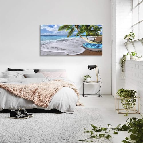 RUISHI Beach Canvas Wall Art for Bedroom Tropical Palm Tree Prints Summer Artwork Sea Wave Ocean Themed Coconut Seascape Coastal Painting Nature Picture for Living Room Home Office Decor 40"x20" - Image 5