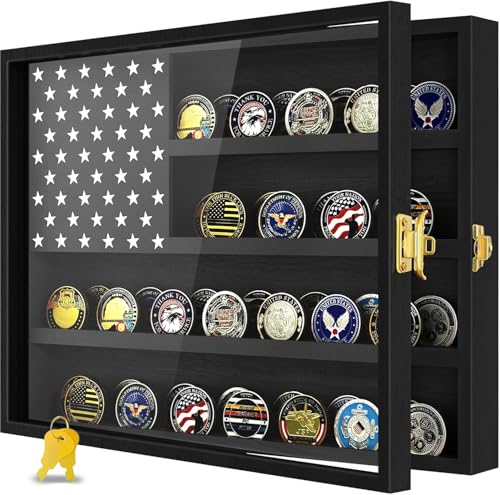 Military Challenge Coin Display Case 16 x 12 in Wooden American Flag Shadow Box with Anti-Dust UHD Acrylic Door Gold-Antitheft Lock & Wall Mount Gift for Collectors (Black Large)