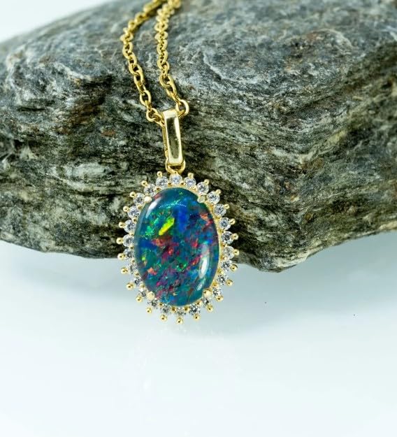 Collana con opale – Collana con ciondolo in vero opale australiano in argento Sterling 925 placcato oro, gioiello da donna, piccolo, argento/gemma, opale